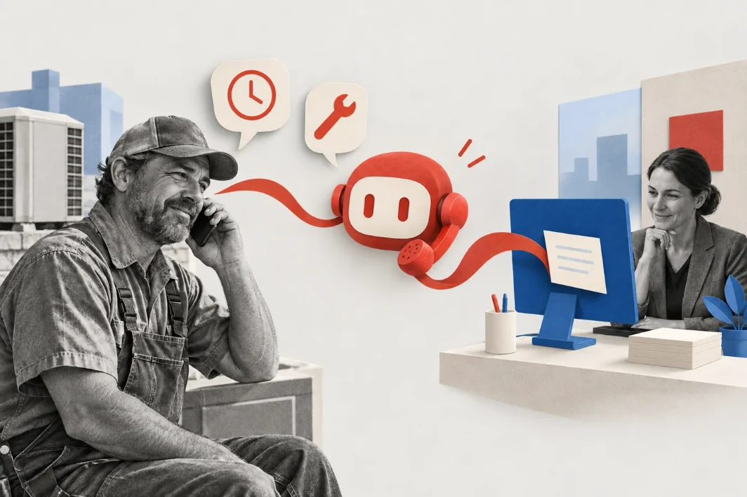 A maintenance technician on the phone while a red paper helper carries the request to a facilities manager at her desk.