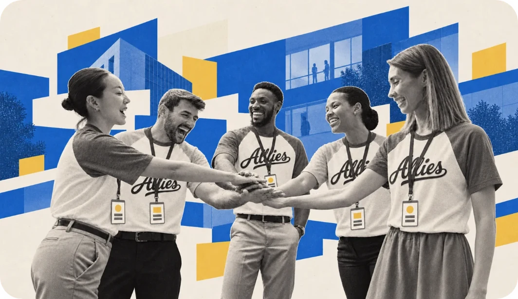Teammates in FM Allies shirts stack their hands, with blue buildings and yellow paper shapes around them.