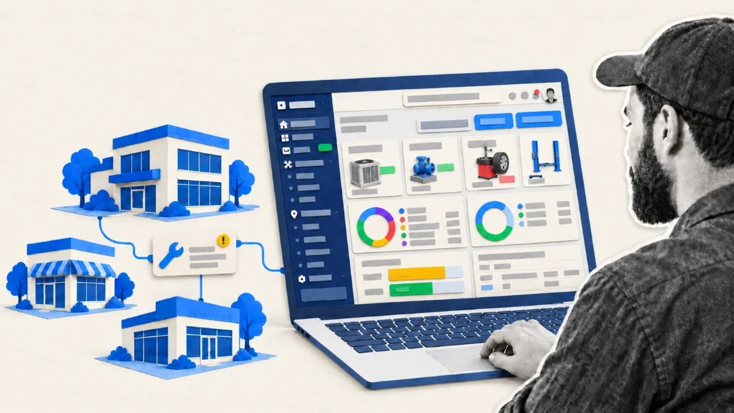 A facilities manager at a laptop showing a dashboard, with store icons for several locations.