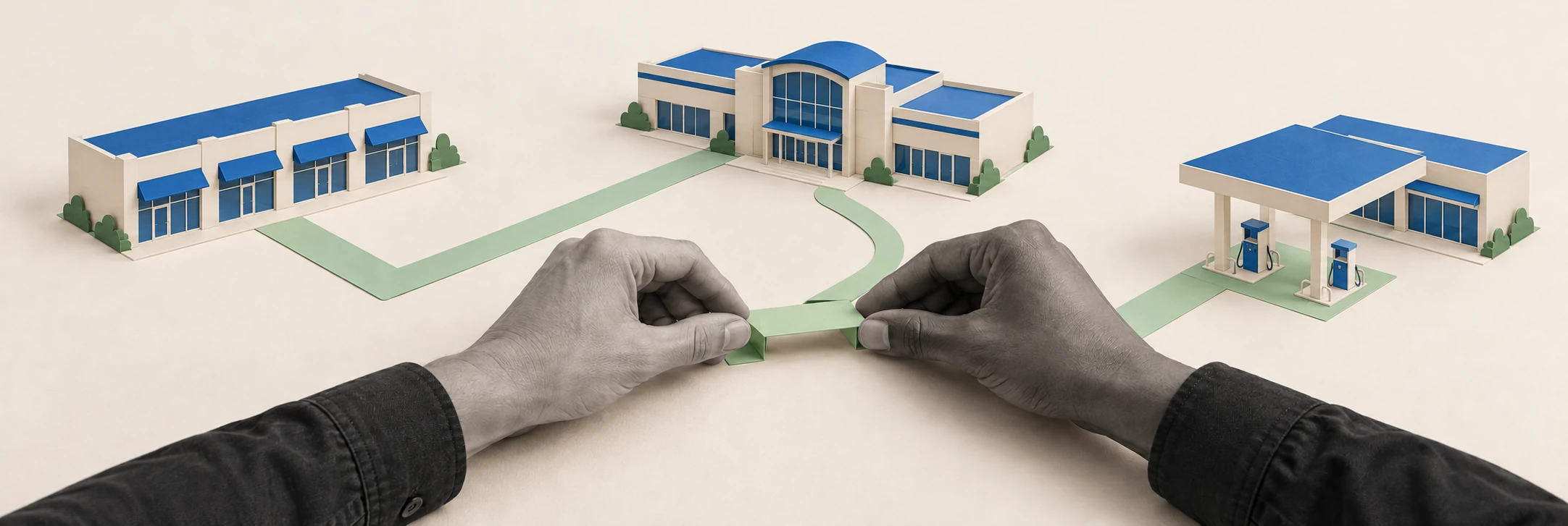 Hands connect a mint paper pathway between a strip center, mall and gas station