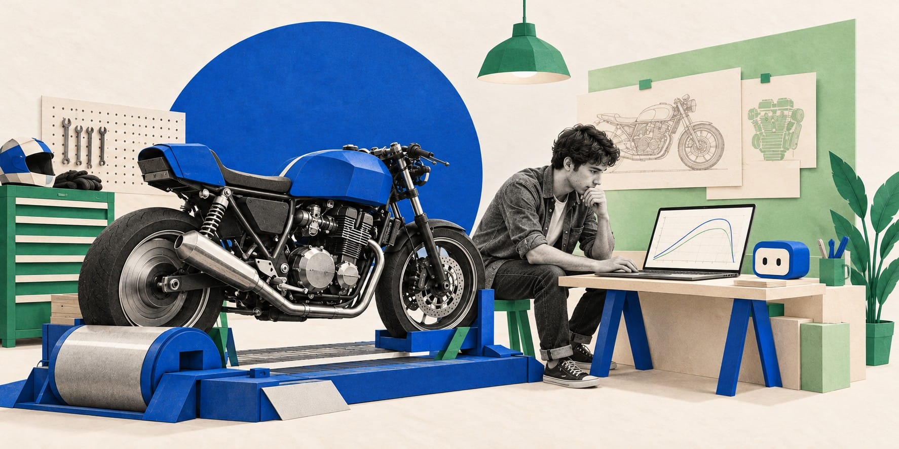 A young man studies a graph on his laptop next to a blue motorcycle on a test stand, with motorcycle sketches pinned to the wall behind him.