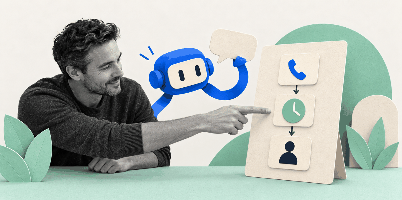 A man points at a board showing a simple process, a phone call, then a wait, then a hand-off to a person, while a blue robot agent with a speech bubble looks on.