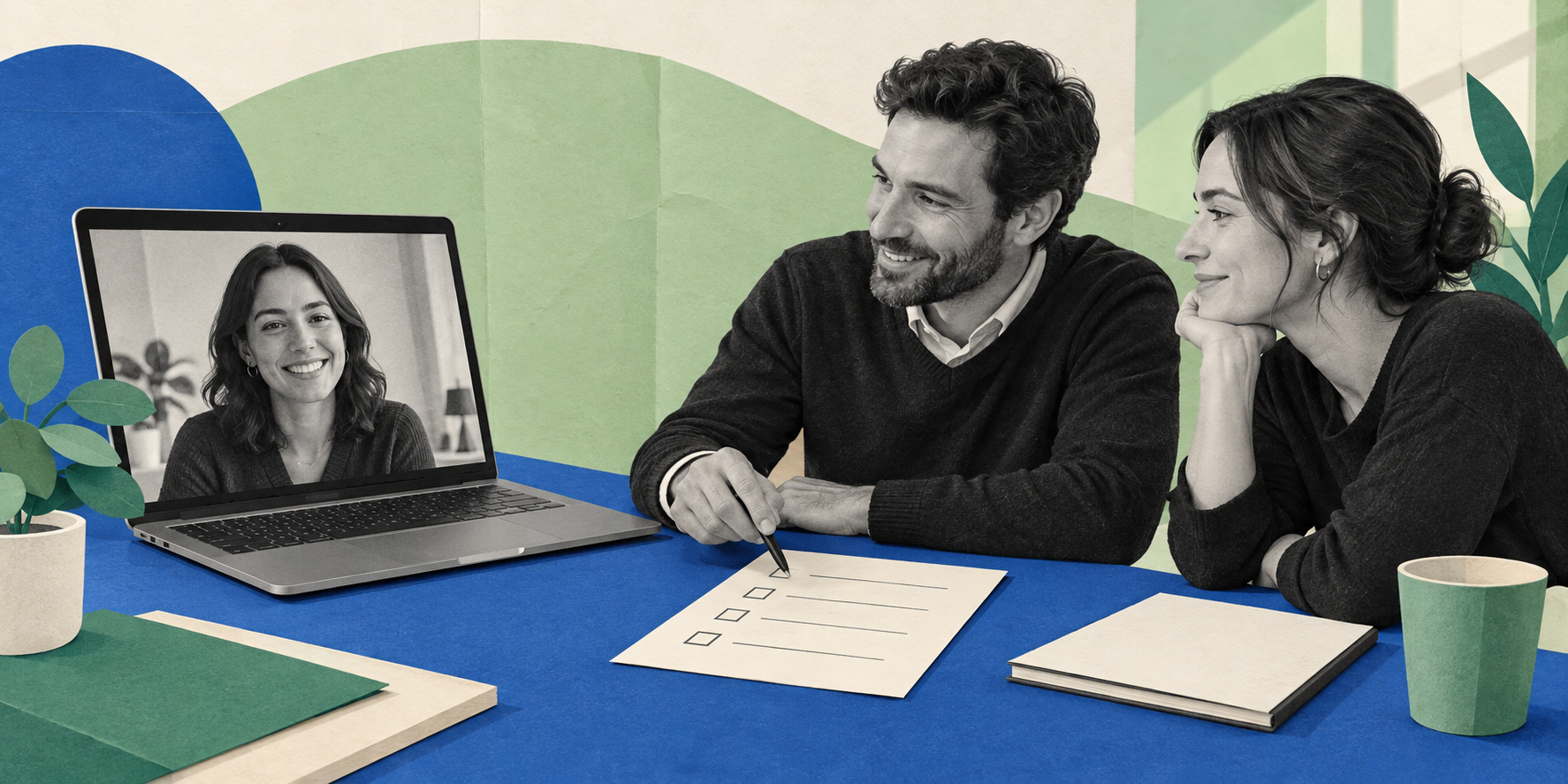 Two team members smile at an applicant on a laptop video call while one checks off a printed checklist.
