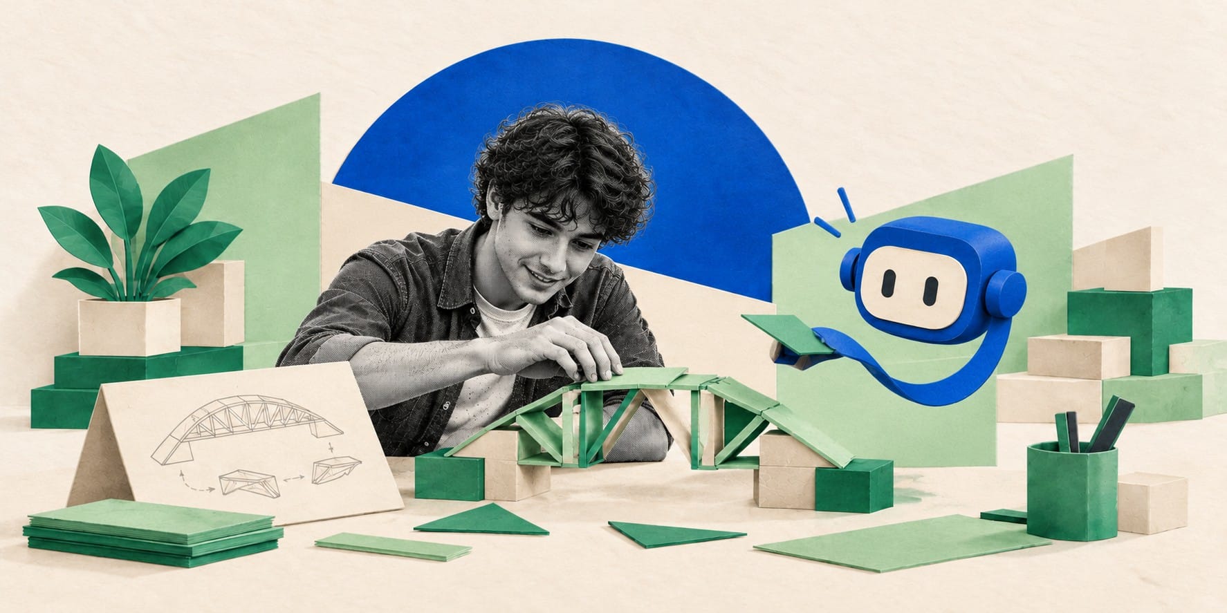 A young man builds a model bridge out of paper pieces while a small blue robot hands him another piece.