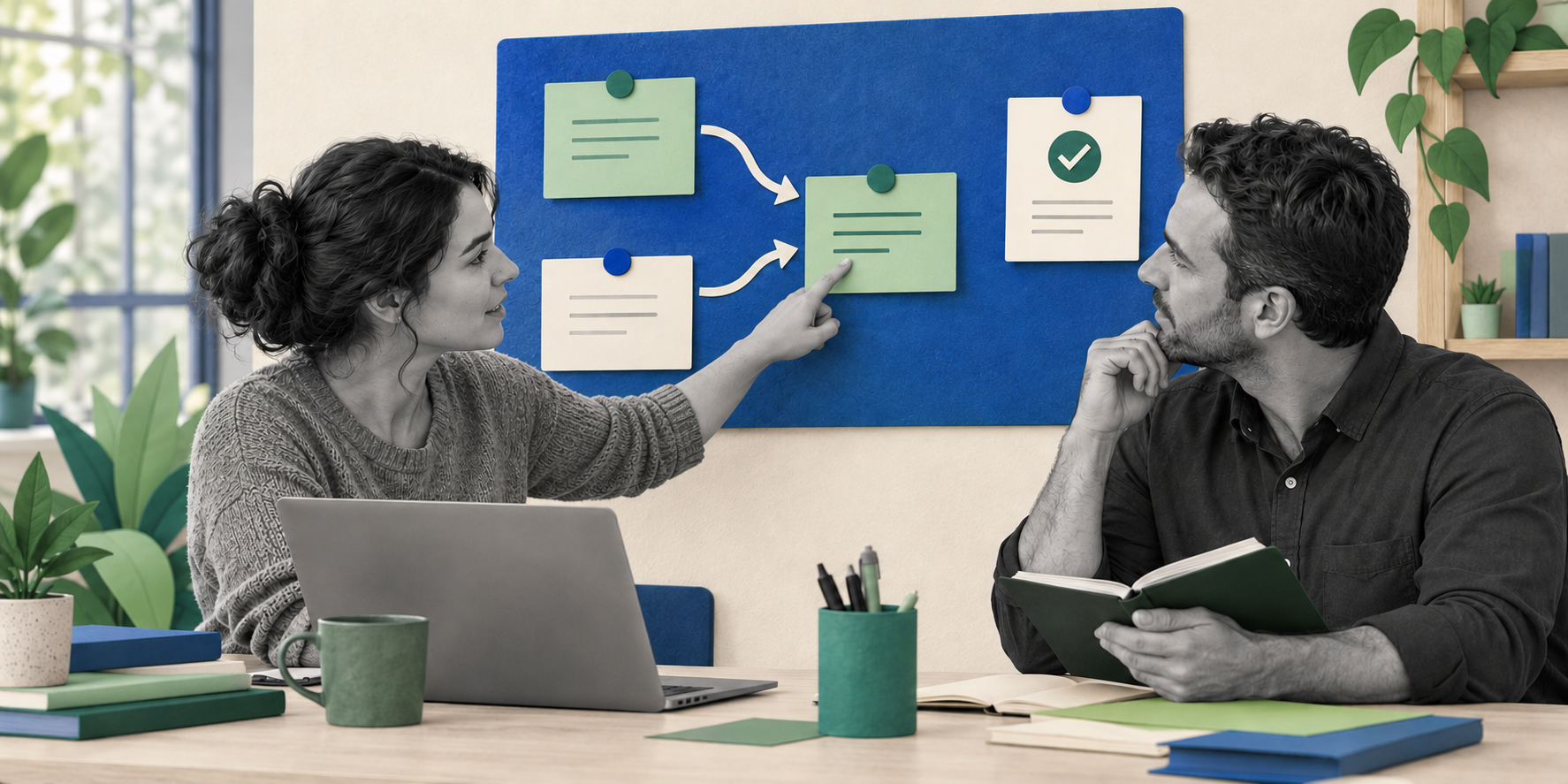 A woman pointing at notes on a blue board while a coworker listens