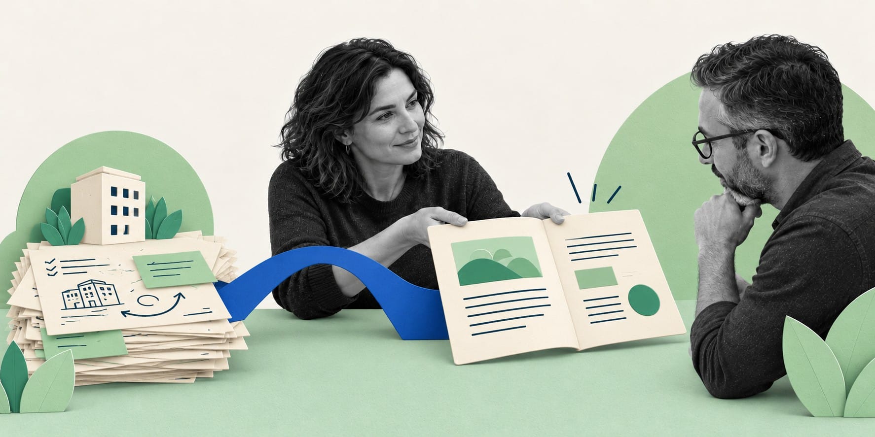 A woman hands a man an open booklet, with a blue ribbon linking it to a stack of notes beside her.
