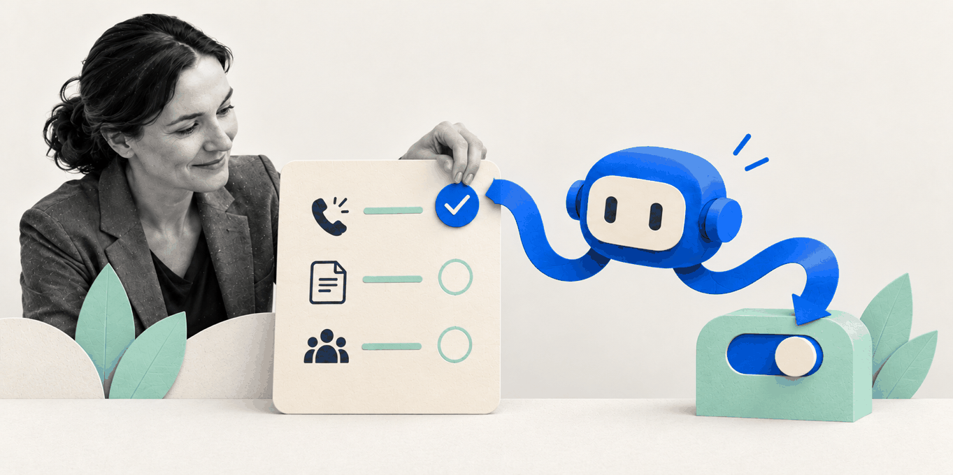 A smiling woman checks off a task list while a blue robot points toward an on switch.