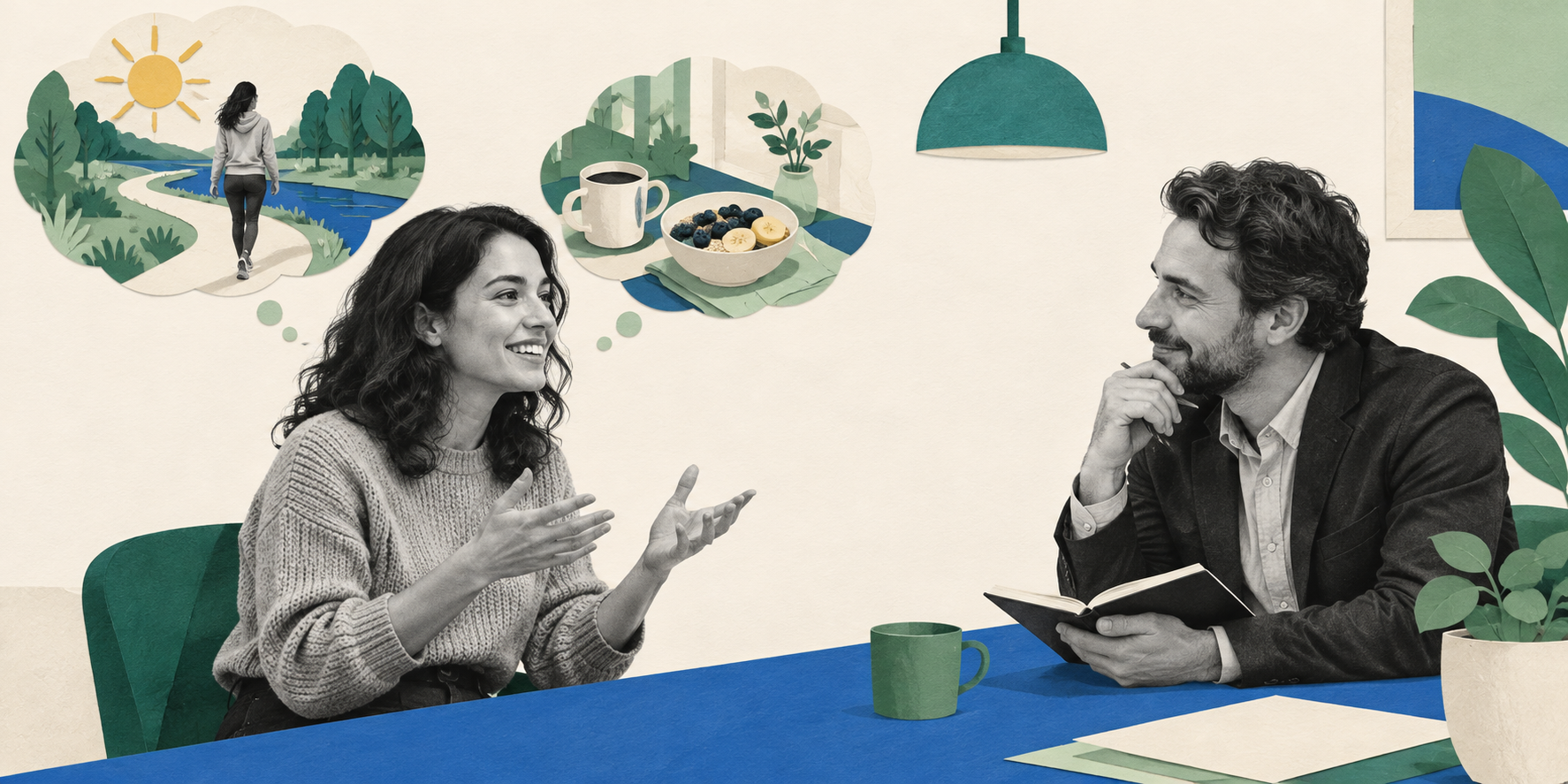 An applicant describes her morning walk and breakfast to an interviewer who listens with a notebook.