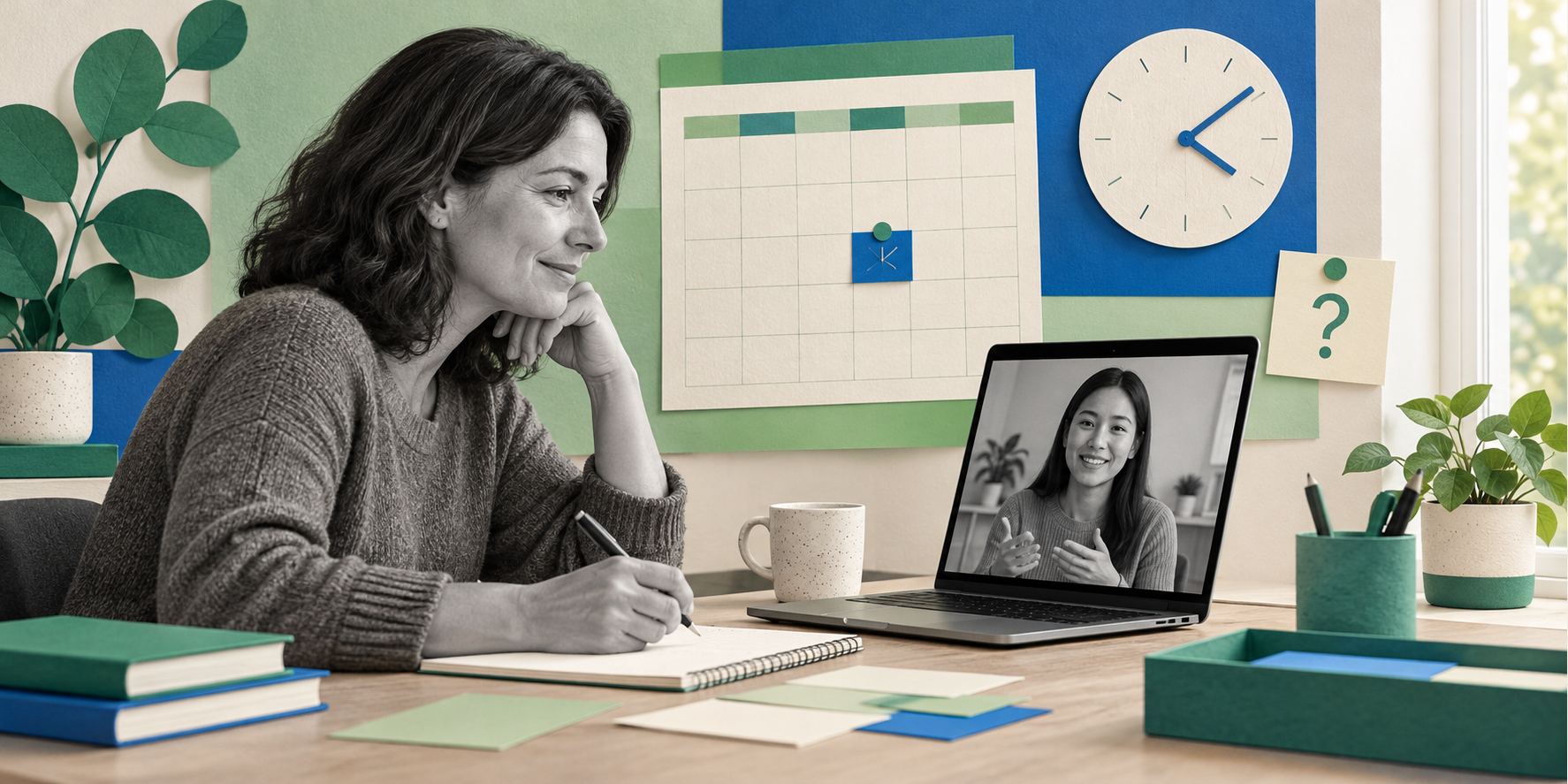 A woman taking notes during a video call with a calendar and clock behind her