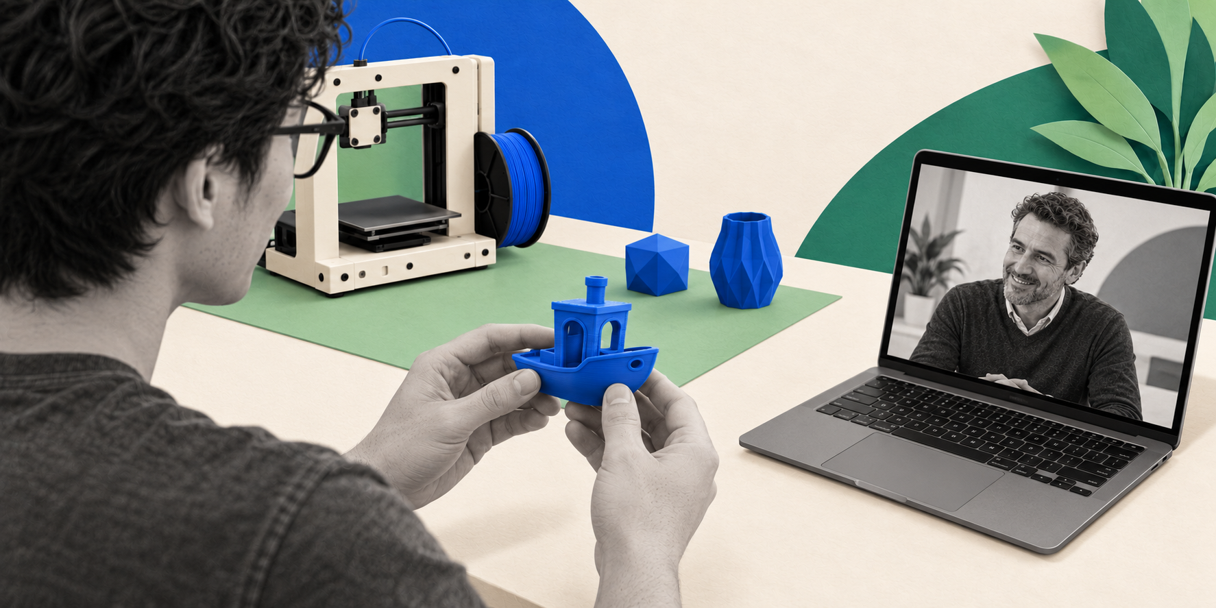 A person holding a blue 3D printed boat on a video call, with a 3D printer nearby