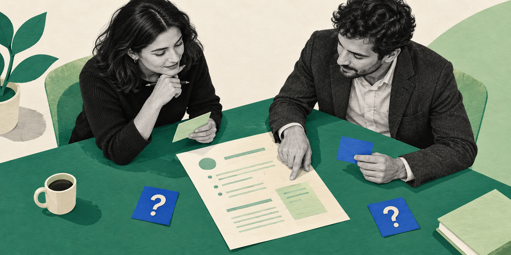 Two people review a document together at a table scattered with question-mark cards.
