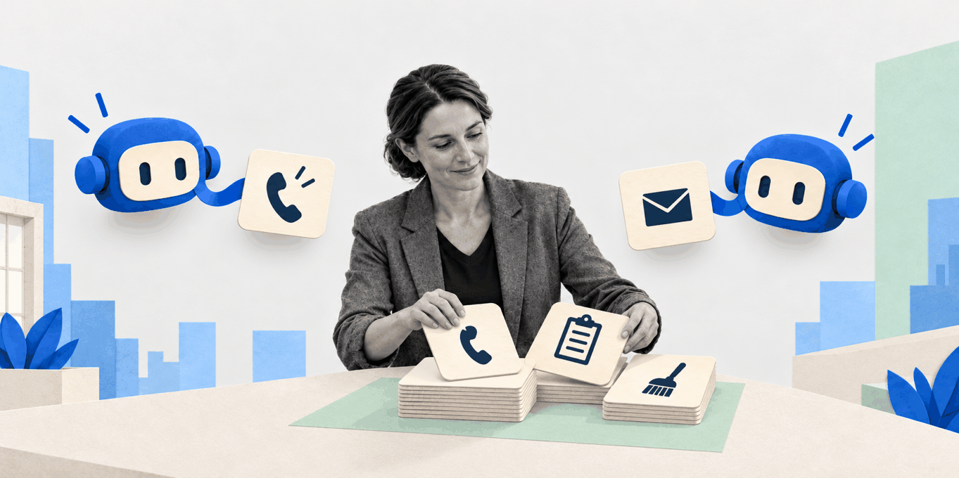 A smiling facilities manager sorts square tiles marked with a phone, a clipboard and a broom while two blue robot agents float nearby, one holding a phone tile and one holding an email tile.