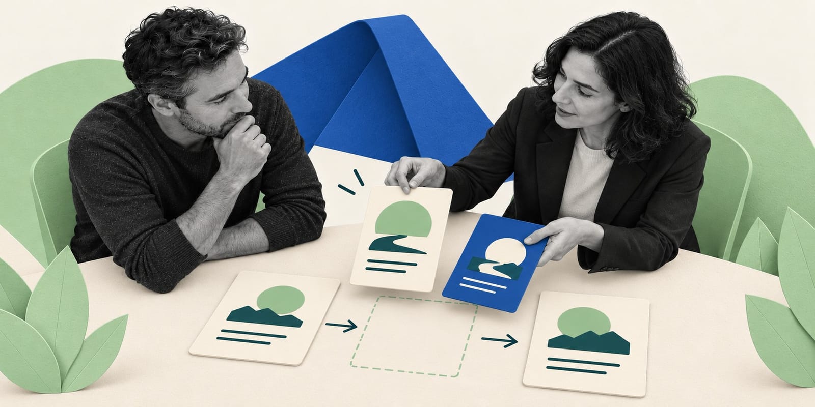 A man and a woman sit at a table comparing two cards with simple pictures on them.