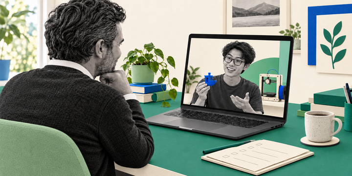 A man on a video call with a smiling coworker holding a blue 3D printed part