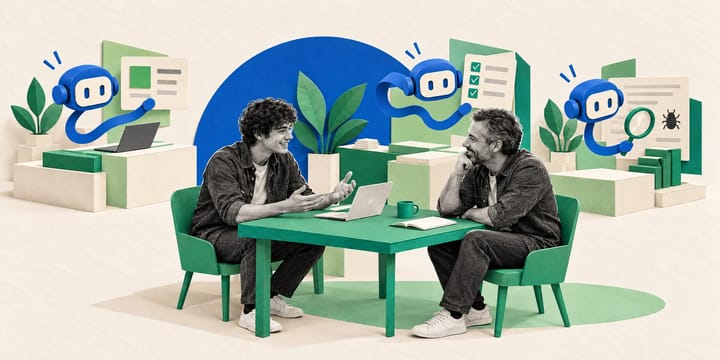 A young man and an older man talk across a green table with a laptop, while three small blue robots hold up notes, a checklist and a magnifying glass behind them.