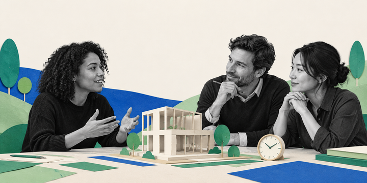 Three colleagues talk around a table with a small model house and a clock in front of them.